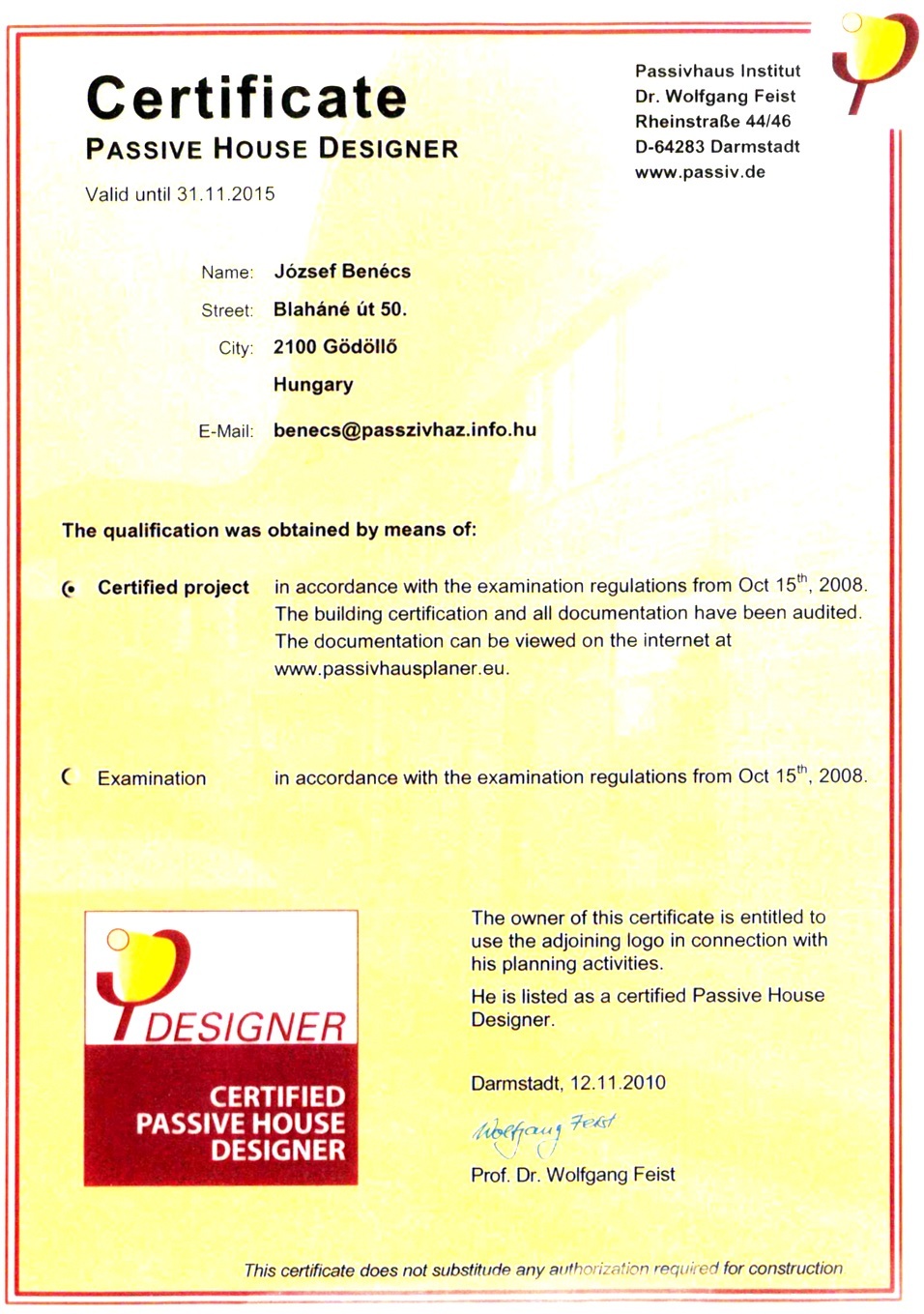 Passzívháztervező minsítés, okirat
